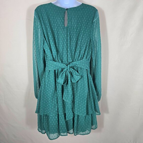 Green Polkadot Dress Sz XL A Line Chiffon Long Sleeve Flowy V Neck Tiered Mini - Picture 3 of 9